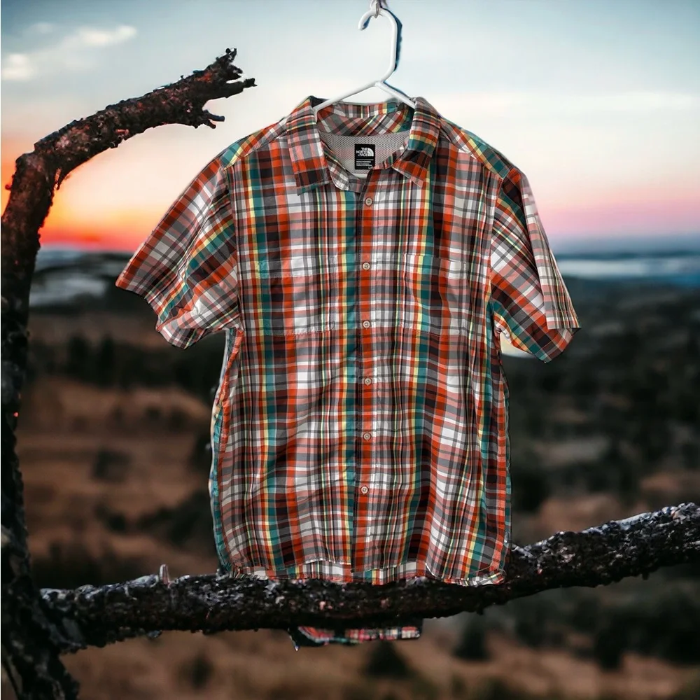 The North Face Mens Large Short Sleeve Button Up Orange Green Yellow White Plaid